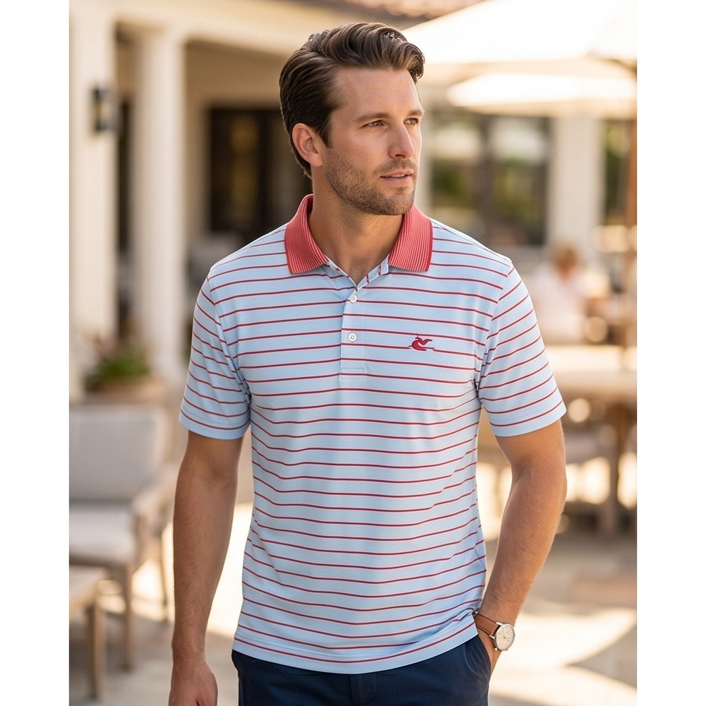Peter Millar Mens L Pelican Lakes Golf Resort Polo Shirt Blue Red Striped